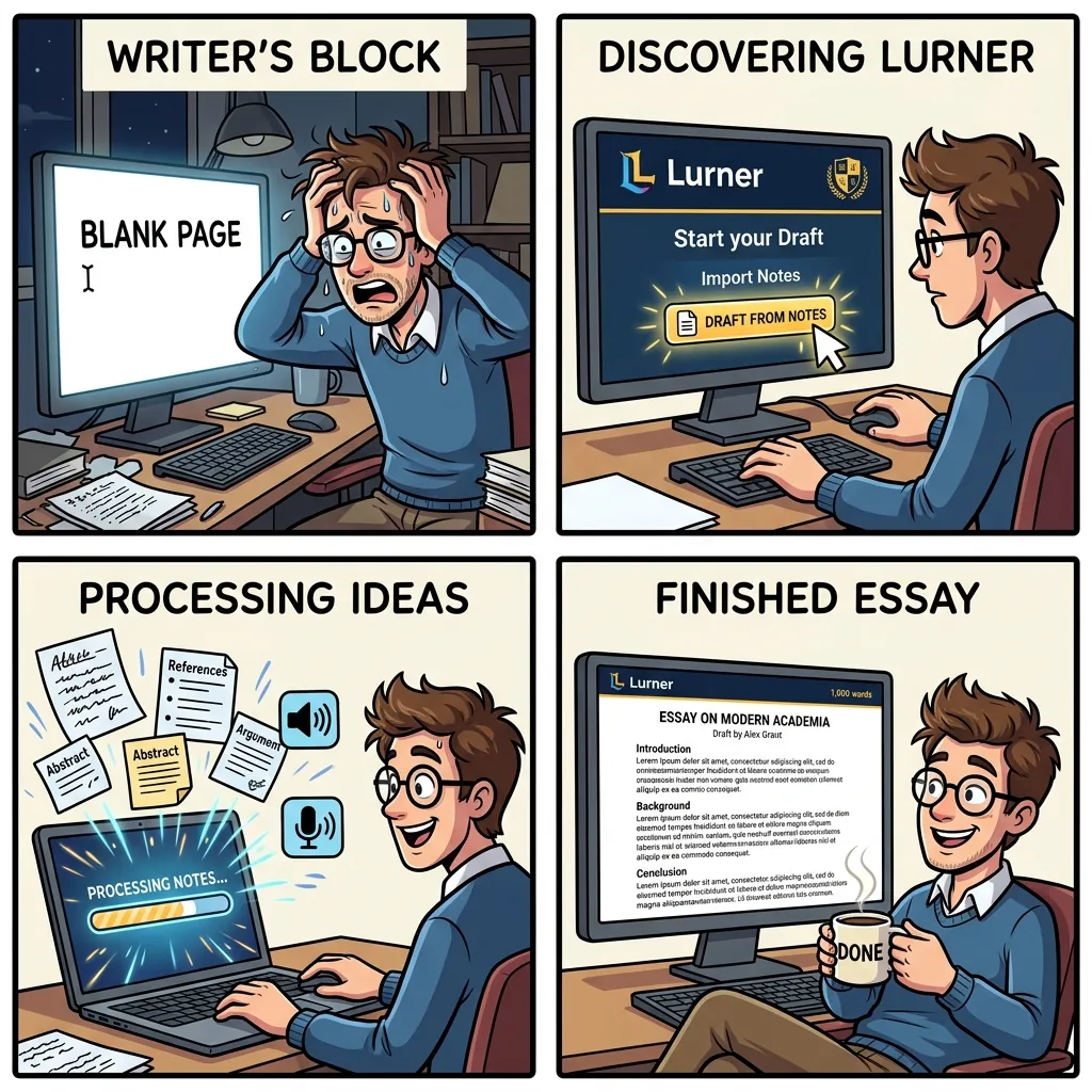 Comic illustration showing messy research notes becoming a source-backed AI writing outline