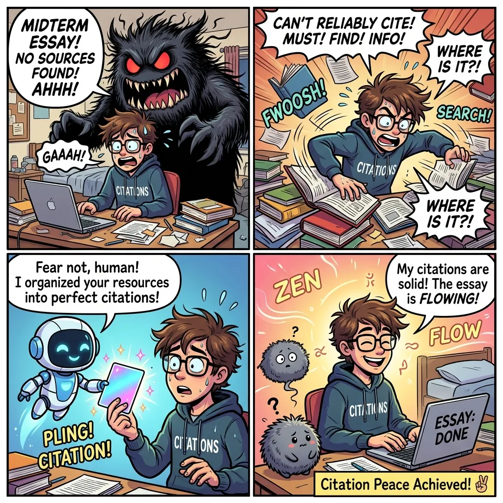 Comic illustration showing study panic turning into a focused AI-powered study workspace