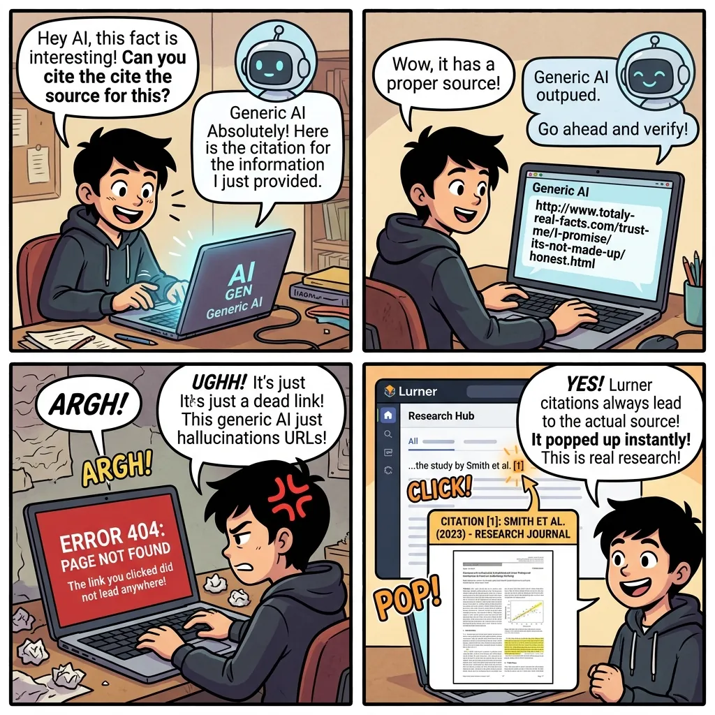 Comic illustration comparing confident AI hallucinations with source-grounded cited answers