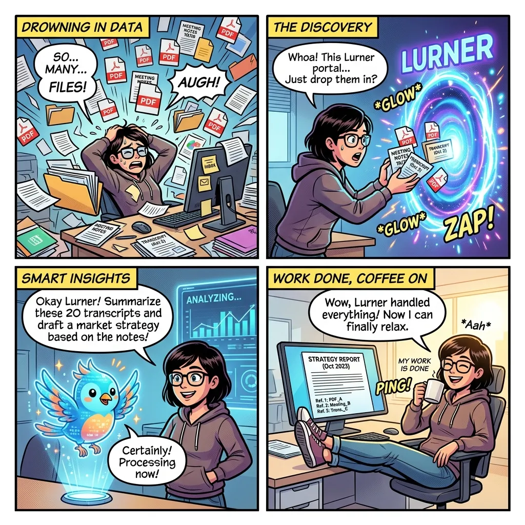 A comic-style view of turning scattered private files into cited answers inside an AI knowledge base
