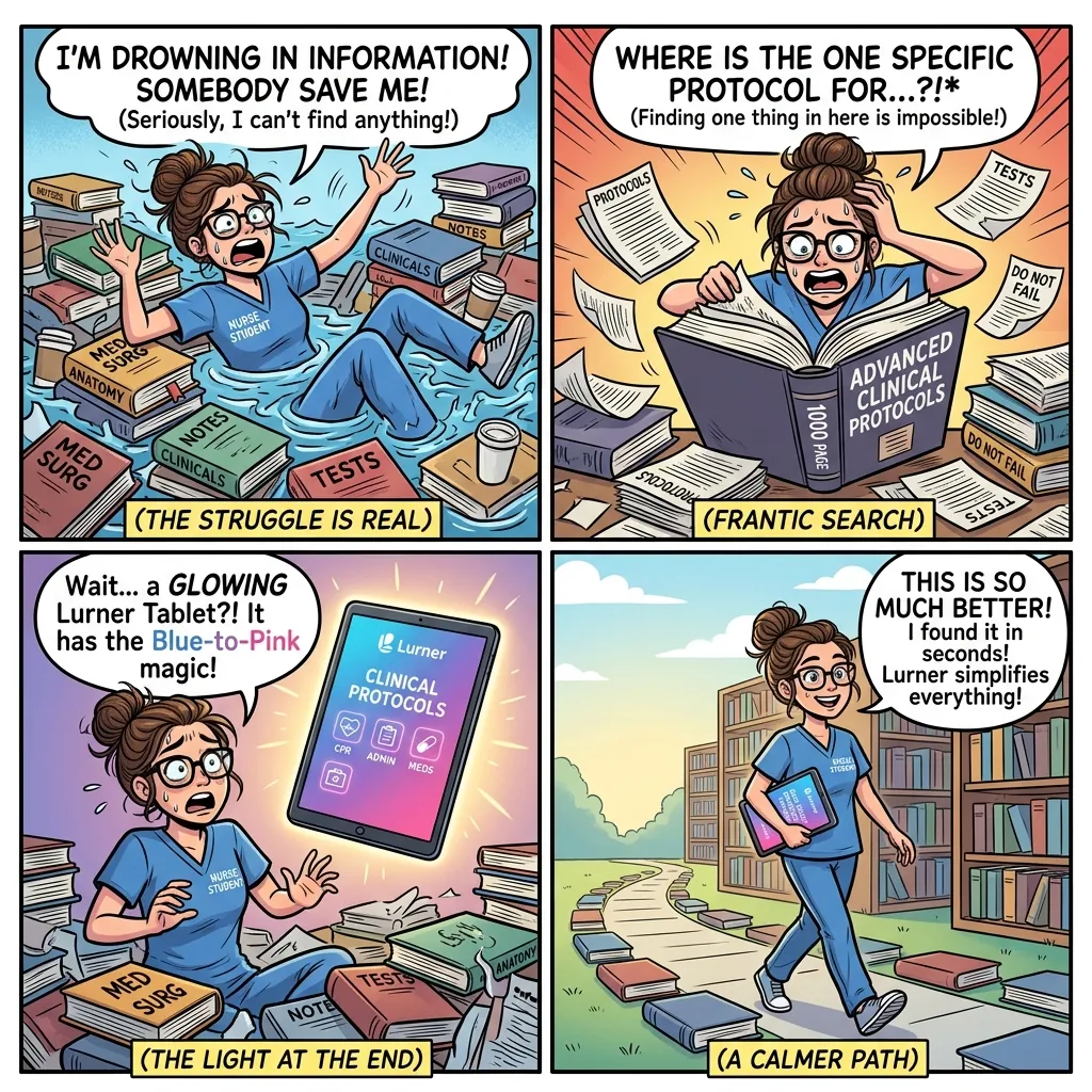 Comic illustration of a nursing student turning pharmacology, care plans, lab values, and case studies into clinical judgment practice