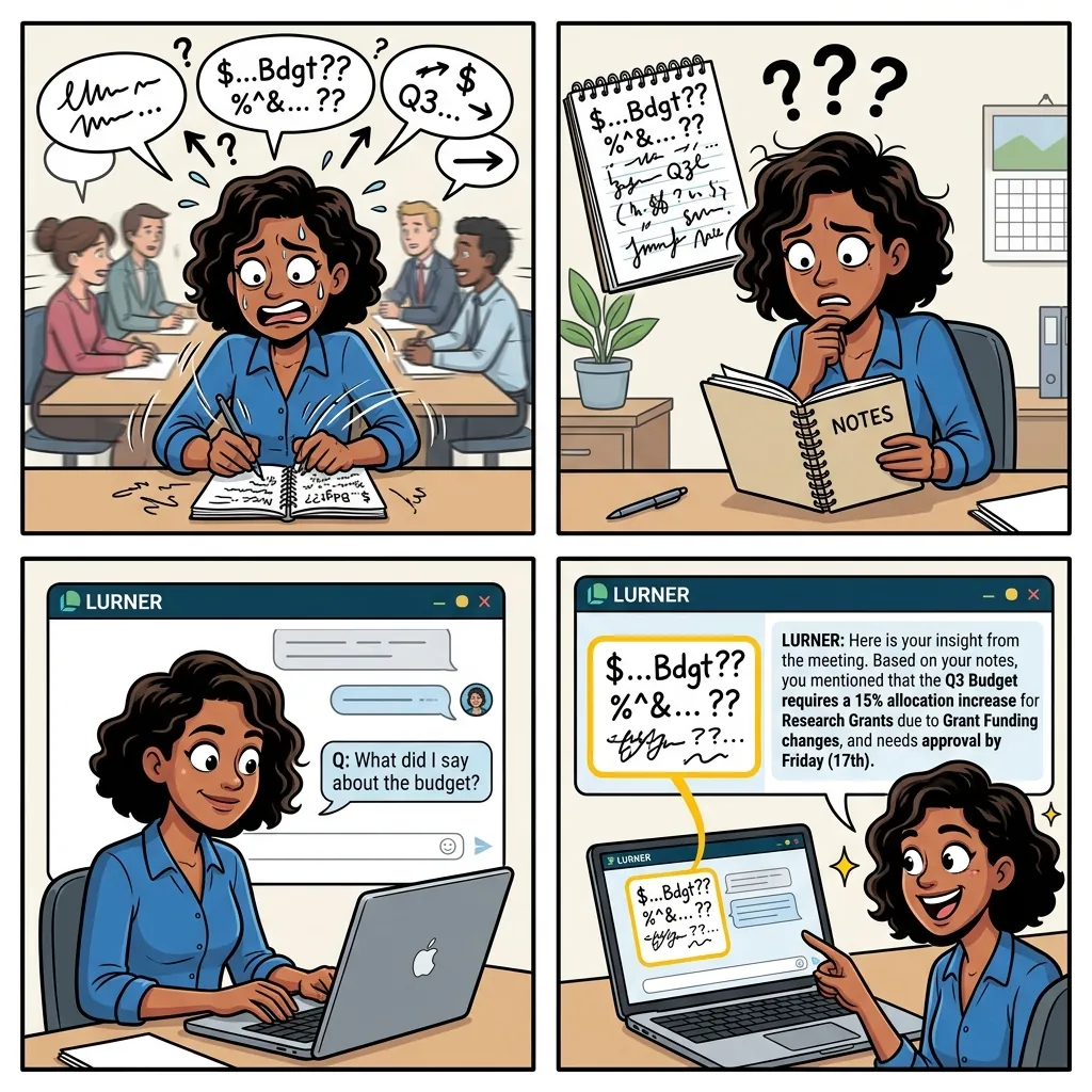 Comic illustration showing messy meeting notes becoming structured timestamped knowledge