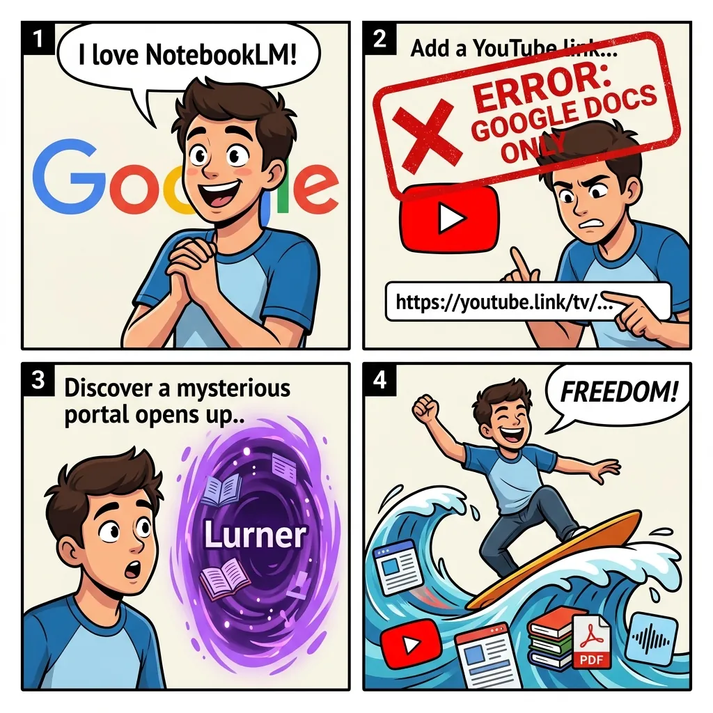 Comic illustration comparing NotebookLM source exploration with Lurner source-backed writing and meeting memory