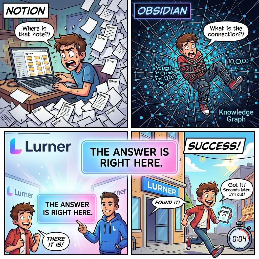 Comic illustration comparing Notion dashboards, Obsidian graphs, and Lurner source-cited answers