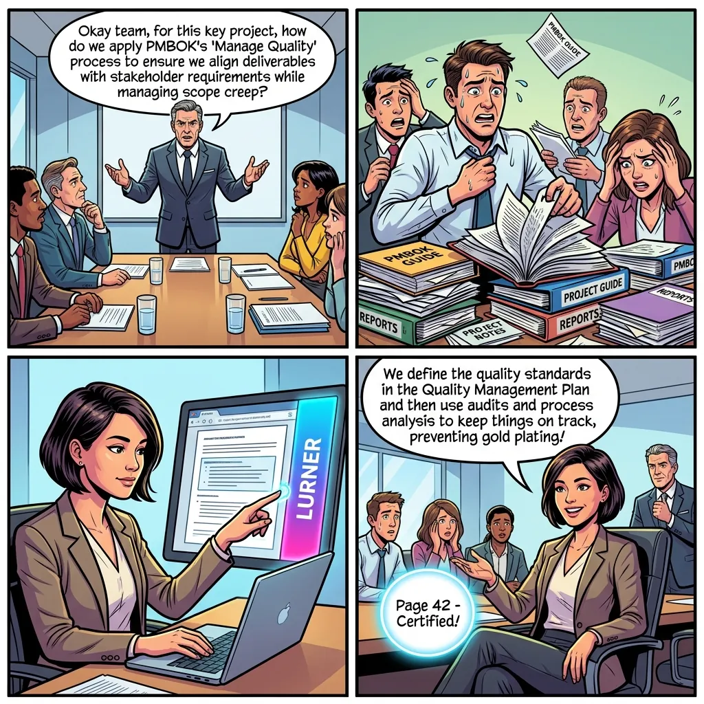 Comic illustration of a project manager turning PMI guides, agile notes, risk logs, and practice questions into a PMP study system