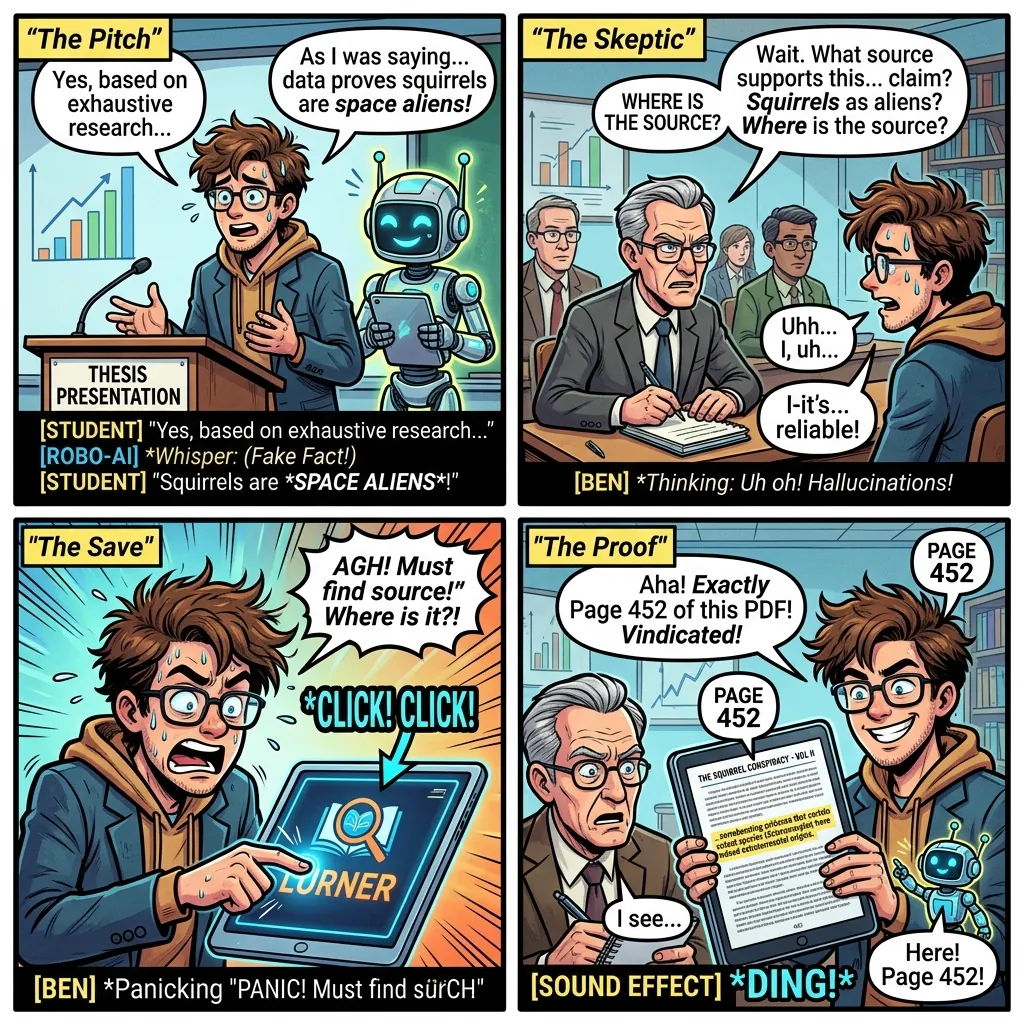Comic illustration showing why researchers need PDF answers with citations and page-level receipts