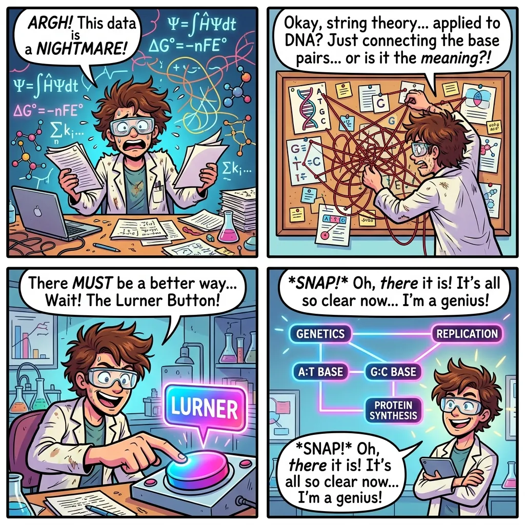 Comic illustration of a student turning scattered biology, chemistry, physics, and lab notes into a connected science study system