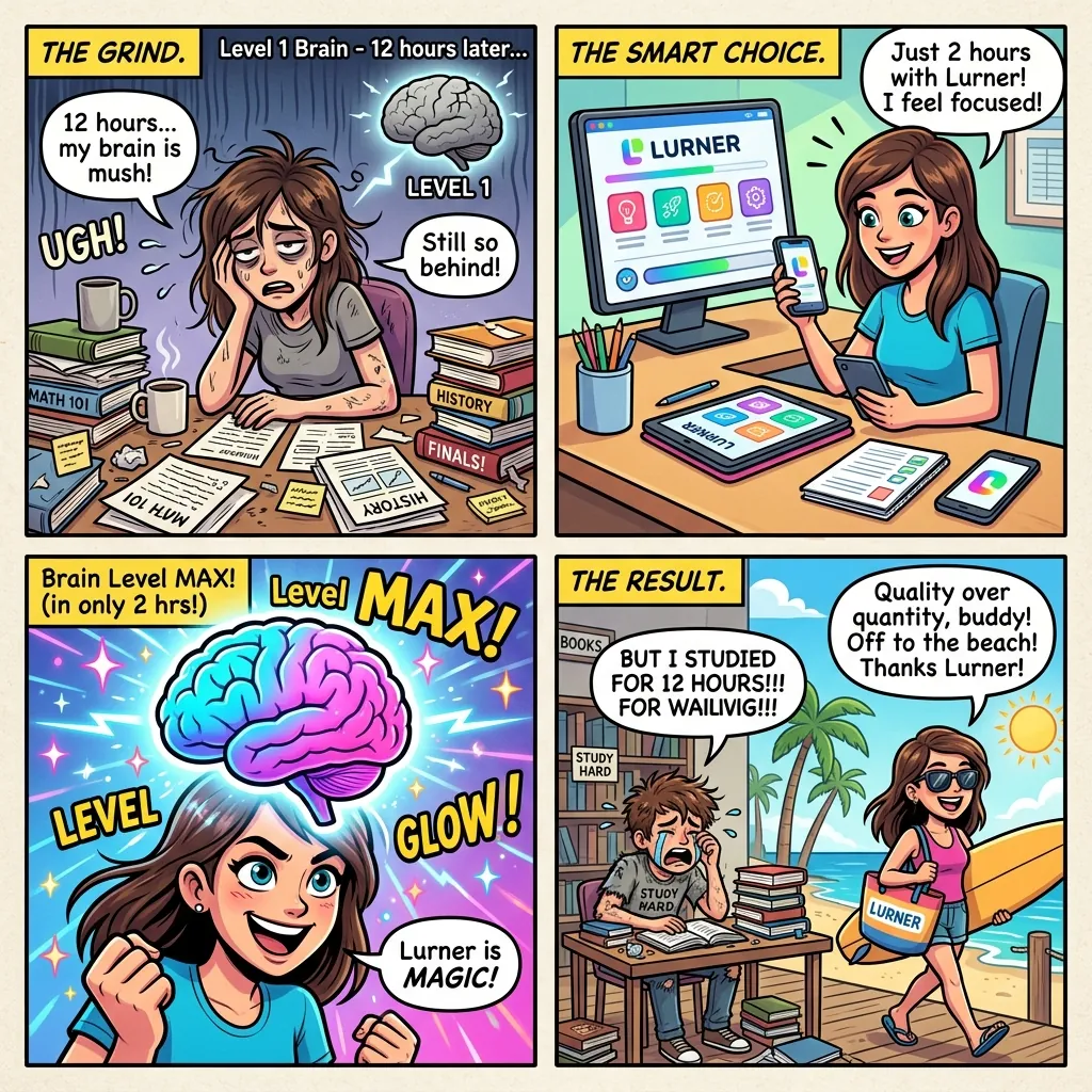 Comic illustration comparing long passive study hours with focused active recall and cited AI study sessions