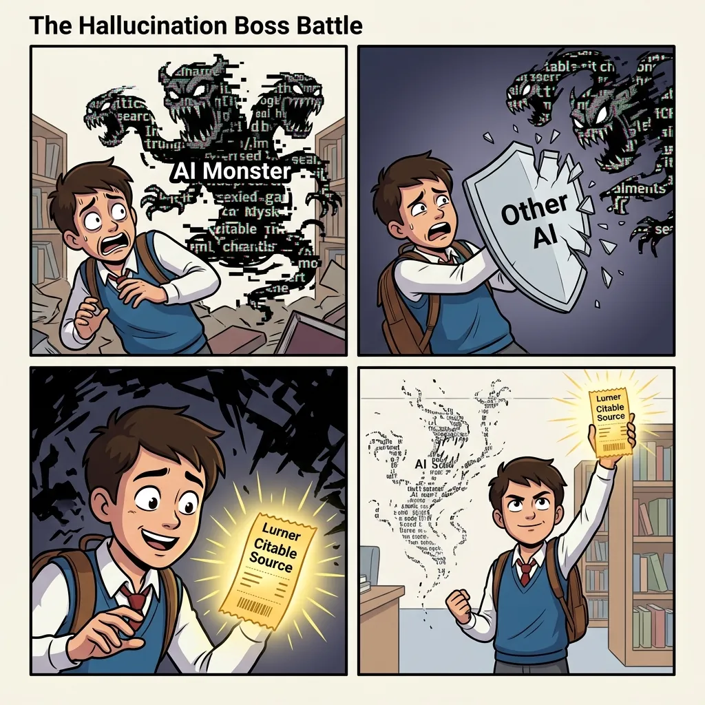 Comic illustration of AI study tools competing while Lurner connects sources, citations, notes, and writing