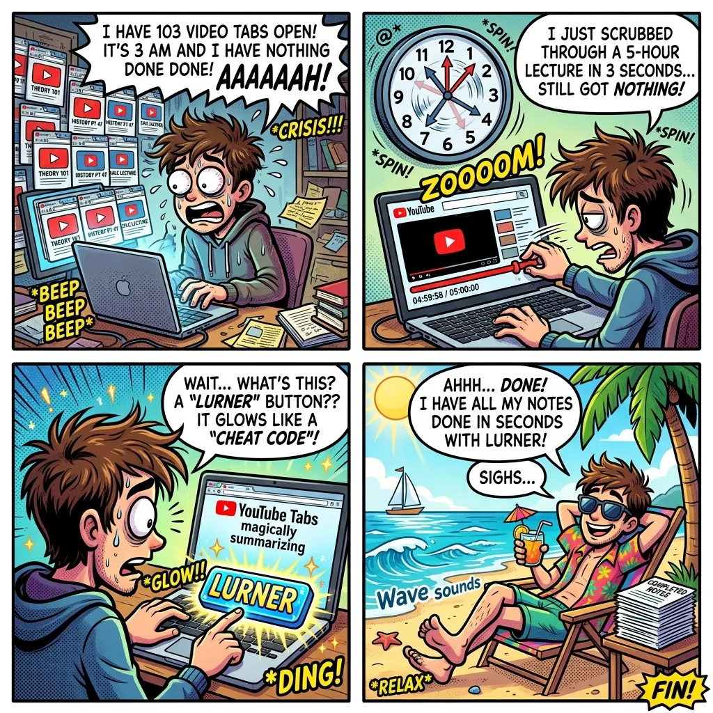 Comic illustration showing scattered YouTube tabs becoming timestamped AI notes and study guides